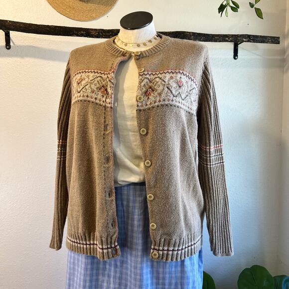 Woolrich Sweaters - Woolrich Tan Fair Isle Cotton Woven Knit Button Cardigan Sweater Size 2X